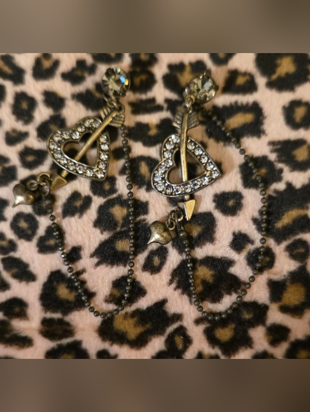 Vintage Betsey Johnson Antique Gold Heart Arrow Drop Earrings w/Rhinestones